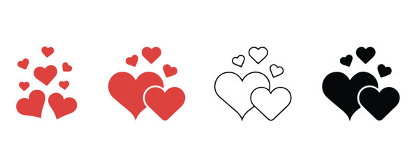 four variations of hearts grouped together showing different colors and outline styles
