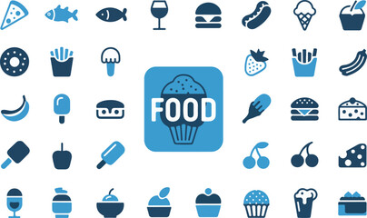 food icons set on transparent background with large cupcake and text on blue square