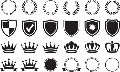 collection of shields crowns laurel wreaths and circular frames on transparent background