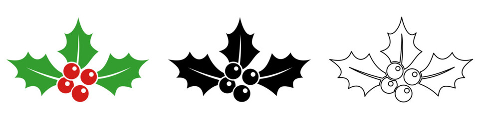 Christmas holly icon. Pictogram of leaves and berries: color, black silhouette, and outline lines. Three style variations. Vector illustration.