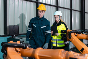 Engineers wearing safety helmets inspecting robotic arms in smart factory, using digital tablet to review automation processes, symbolizing industrial innovation and teamwork.