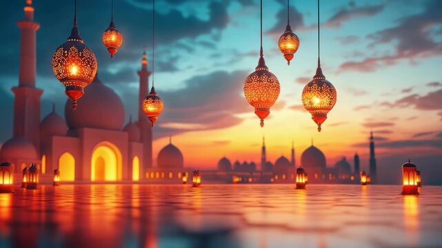 A large beautiful mosque against the backdrop of the night sky, a crescent moon. Islamic background and symbolism.Eid ul fitr, Ramadan Kareem,Eid al Adha, Eid Mubarak, Ashura. Banner. Copy space