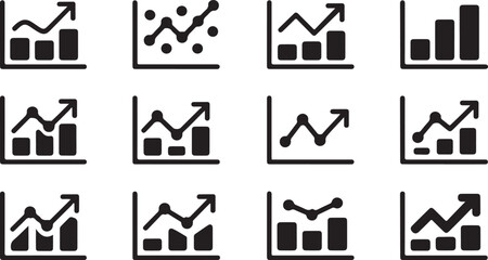 collection of twelve various black graph and chart icons on a transparent background symbolizing data