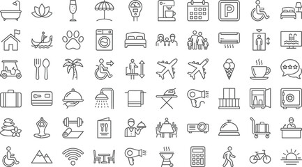 Hotel Amenities Icon Set for Travel Hospitality Tourism Vacation Planning Resort Services Accommodation Facilities Guest Experience Spa Wellness Transportation Food Beverage Leisure Activities