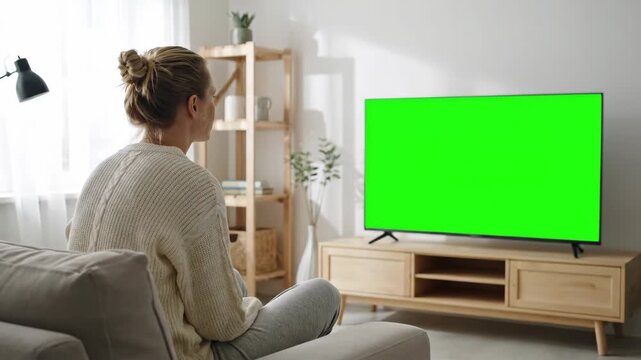 Young woman watching a green screen TV on the couch, Cozy living room setup with a minimalist wooden TV stand and shelf