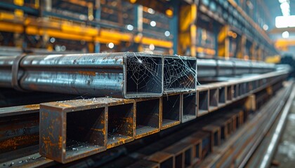 Fototapeta premium Industrial Arsenal: Rows of robust steel beams line the interior of a workshop, reflecting industry and strength. Captured in a realistic light, this image offers a sense of production and materials.