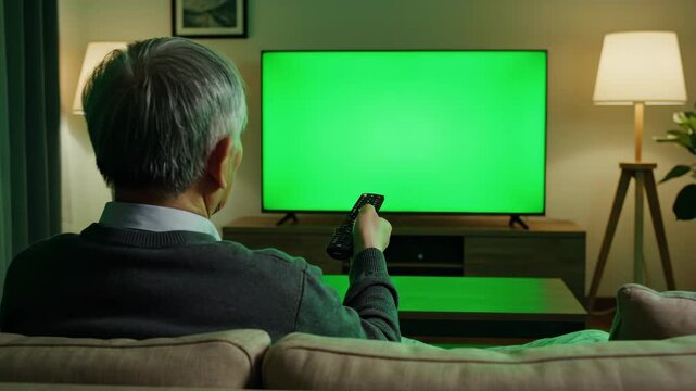 Elderly Man Watching Television with Remote Control in Dark Room, Person Holding Remote to Green Screen TV, Man Sitting on Couch with Remote Pointed at TV Screen