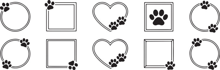 Set of pet paw print frames vector illustrations isolated on transparent background heart and square shapes with paw prints