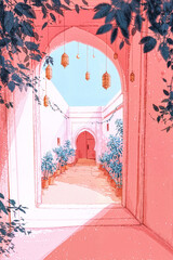 Ramadan Kareem background with Islamic arch, hanging lanterns, crescent moon, festive illustration