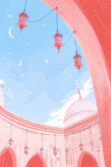 Ramadan Kareem background with Islamic arch, hanging lanterns, crescent moon, festive illustration