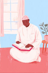 Ramadan Kareem Background Illustration with Muslim Prayer and Quran