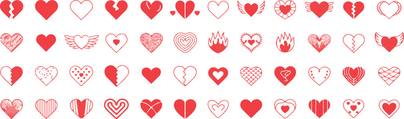 Set of heart icons and symbols vector illustrations isolated on transparent background different shapes of love and romance