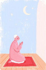 Ramadan Kareem Background with Muslim Boy Praying at Home, Crescent Moon Illustration