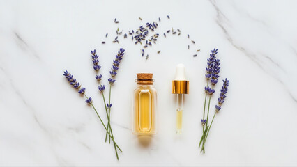 Woman inhaling the calming scent from a glass bottle, surrounded by lavender sprigs on a marble background