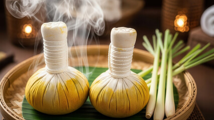 Aromatherapy massage setting with therapist holding steaming herbal compress balls on woven tray surrounded by lemongrass and candles, warm spa atmosphere