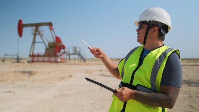 hispanic surveyor presenting field findings with clipboard and gestures by pumpjack, wearing hardhat and reflective vest, explaining readings and site conditions to crew against clear desert backdrop
