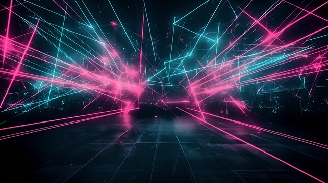 Night, abstract stage and laser, dj club party rave in music festive, concert and dance ball