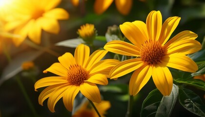 Obraz premium Vibrant Yellow Tithonia Flowers Bloom In Bright Sunlight Nature S Cheerful Display Vibrant Colors Plant