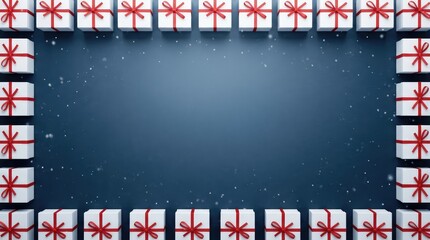 A border of white gift boxes with red ribbon bows on a dark blue background with falling snow Christmas