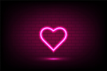 Bright neon pink heart shape glowing on a dark brick wall with soft light reflection, romantic and modern style © pics3