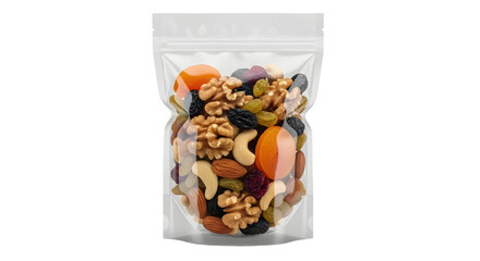 Clear Plastic Stand-Up Pouch with Mixed Nuts and Dried Fruits Product Shot isolated PNG with Transparent Background