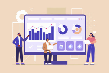 Fototapeta premium Team analyzing data visualizations on a large computer screen for business insights