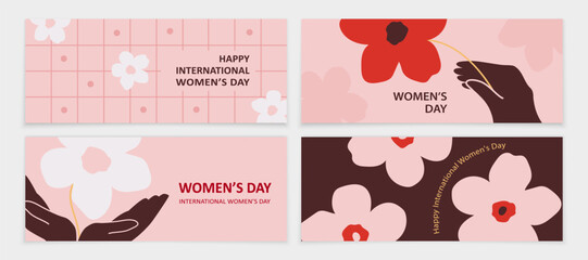 Minimalistic floral set of banners for Women's Day. Flowers in hand. International Women's Day. Stylish banner for Women's Day.
