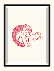 Whimsical Valentine&rsquo;s Day art poster in a frame with hand-drawn ink sketch love doodles and romantic love slogans.