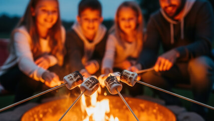 Family sitting around a glowing campfire toasting marshmallows, creating a warm and cozy atmosphere with a soft evening backdrop