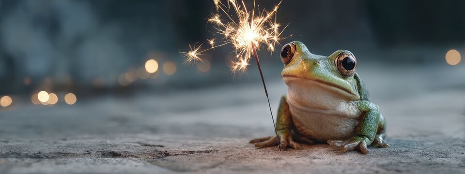 in this image, a frog is perched on a rock surrounded by sparkling firecrackers