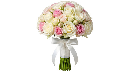 Beautiful Pink and White Rose Flower Bouquet with White Silk Ribbon isolated PNG with Transparent Background