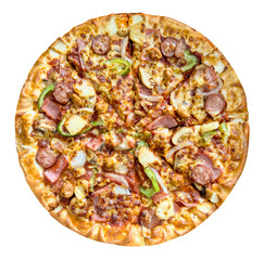 Top view american pizza isolated, The pizza toppings include ham, bacon, pepperoni, smoked sausage, Italian sausage, mushrooms, pineapple, onion, bell peppers, mozzarella cheese, and pizza sauce.