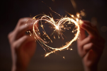 Sparkler heart light painting creates glowing romantic shape in dark with hands holding sparkling outline symbolizing love and celebration
