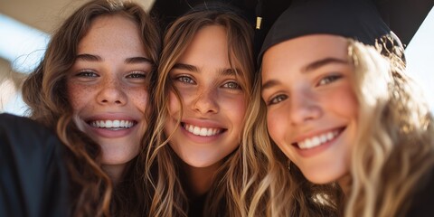 Obraz premium Group of three young women celebrating graduation outdoors in bright sunlight