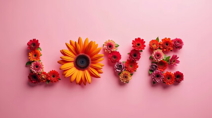 Word Love formed from bright flowers on soft pink background. Floral concept for Valentine day, romantic greeting, love celebration and seasonal design