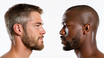 Confrontation and connection: Two men, diverse in background, engage in a stare down, their profiles juxtaposed, their gazes locked in a wordless exchange of contemplation. 