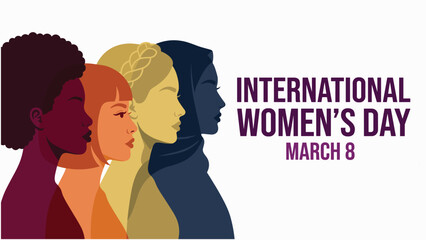 International Women's Day celebration, diverse female profiles, multicultural women empowerment, equality awareness, March 8 event, feminism concept - flat vector illustration
