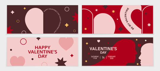 Minimalistic set of banners for Valentine's Day. Hearts on a burgundy background. Happy Valentine's Day. Stylish banner for Valentine's Day.