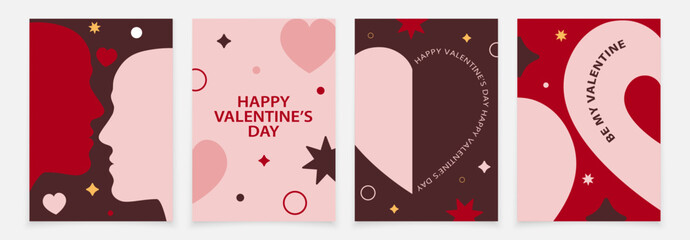 Minimalistic set of  cards for Valentine's Day. Hearts on a burgundy background. Happy Valentine's Day. Stylish card for Valentine's Day.