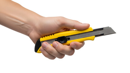 Hand holding a yellow utility knife isolated on transparent background