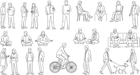 Collection of hand drawn people sketches in various poses, men and women standing sitting and walking, lifestyle vector isolated on white background © Hazera Creative