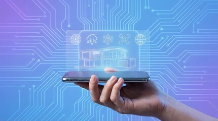 Hand holding smartphone displaying smart home blueprint with digital circuit background house