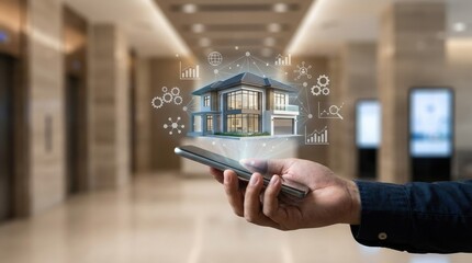 Hand holding smartphone with detailed smart home model and network connections in a lobby mobile phone