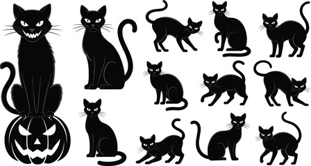 Set of black cat silhouettes in various poses, Halloween kitten collection with spooky pumpkin, feline animal shapes isolated on white background, vector © Parvej Creatives