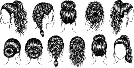 Hand drawn set of various women hairstyles, collection of braids and ponytails, fashion hair sketches isolated on white background, beauty vector illustration