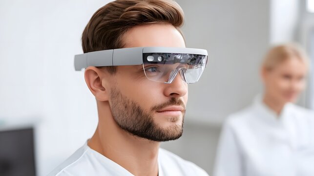 A professional man demonstrates advanced augmented reality technology wearing an innovative headset for immersive digital interaction and data visualization in a contemporary workspace - Powered by Adobe