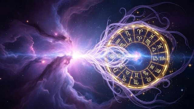 Zodiac wheel with glowing purple energy.