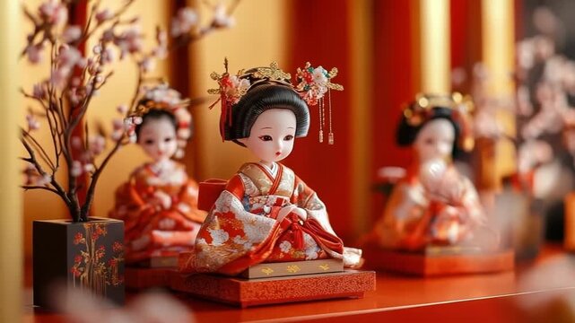 A vibrant Hinamatsuri display showcases tiered hina dolls representing the Emperor, Empress, and attendants. Beautiful cherry blossoms enhance the festive atmosphere, celebrating Girls' Day.