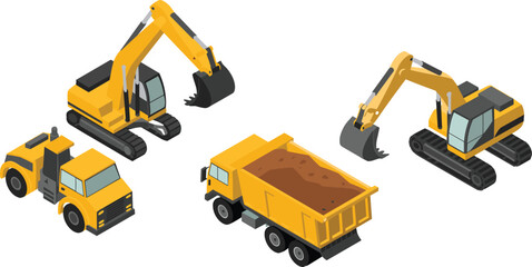 Isometric construction vehicles illustration set with excavator dump truck loader heavy machinery isolated on white background, industrial site vector design © Mizanur