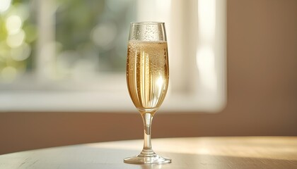 Elegant champagne flute filled with sparkling golden wine, featuring effervescent bubbles, placed on a wooden table with a soft, bright window light in the background.